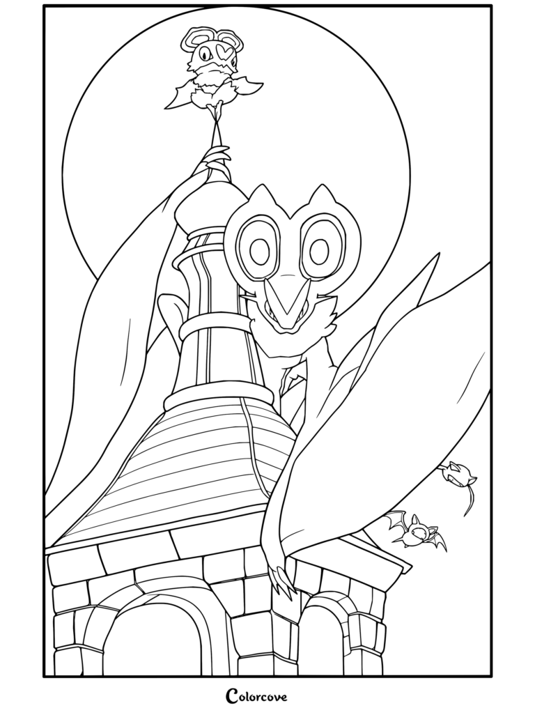 Noivern y Noibat posados en lo alto de un campanario bajo una luna llena roja, en un dibujo para colorear de Pokemon para Adultos.