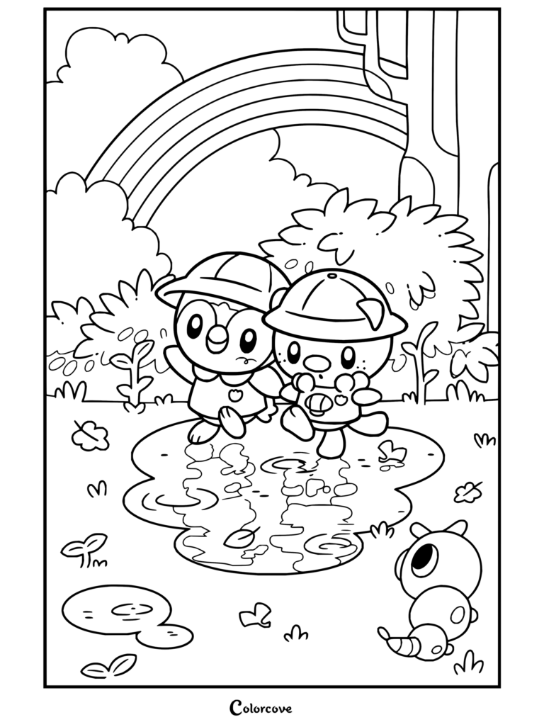 Piplup y Oshawott con sombreros de lluvia chapoteando en charcos con un arcoíris en un dibujo para fans de Pokemon para Adultos.