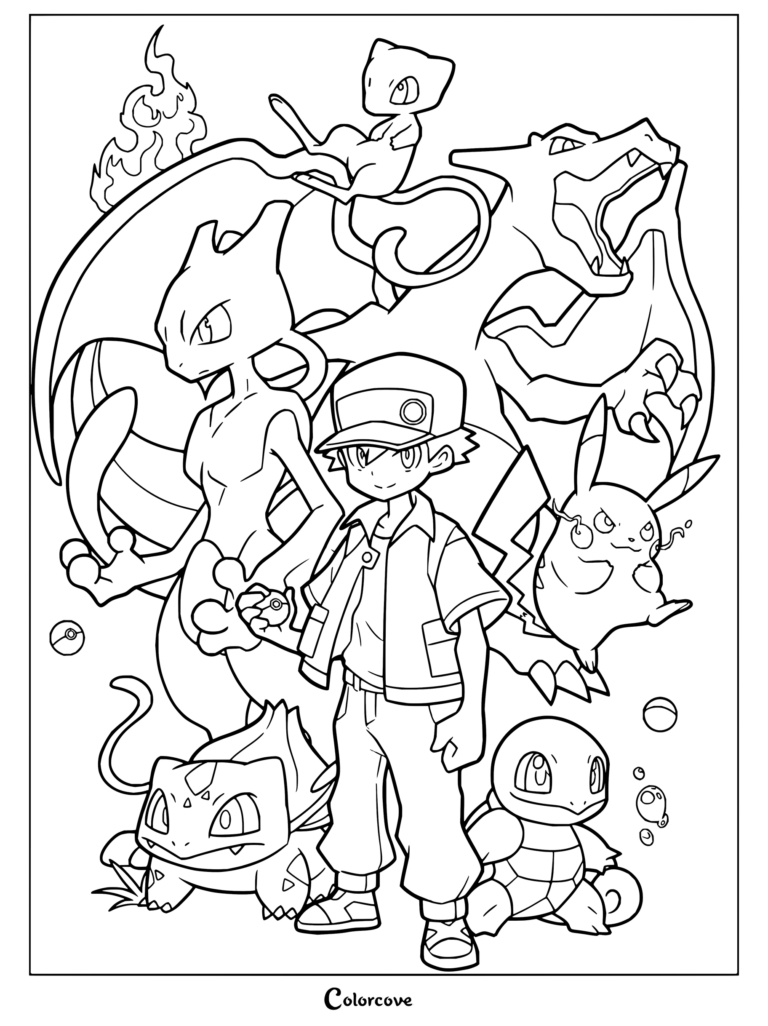 Dibujo de Pokemon para Adultos con el Entrenador Pokémon Rojo en el centro, rodeado por Mew, Mewtwo, Charizard, Pikachu, Bulbasaur y Squirtle.