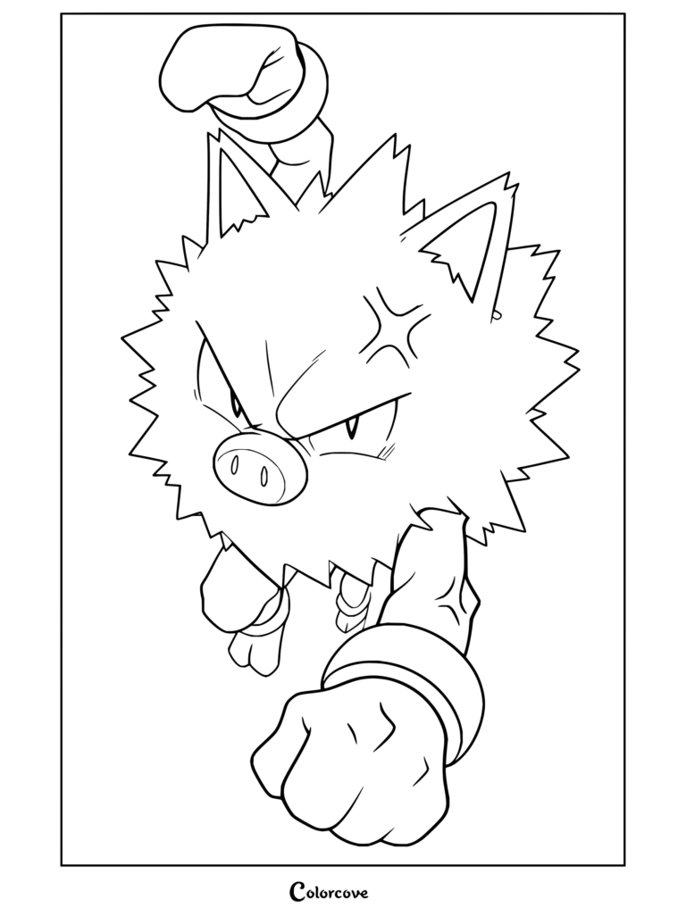 Dibujo de Primeape para fans de Pokemon para Adultos, con el Pokémon tipo Lucha arremetiendo hacia adelante con expresión furiosa y el puño en alto.