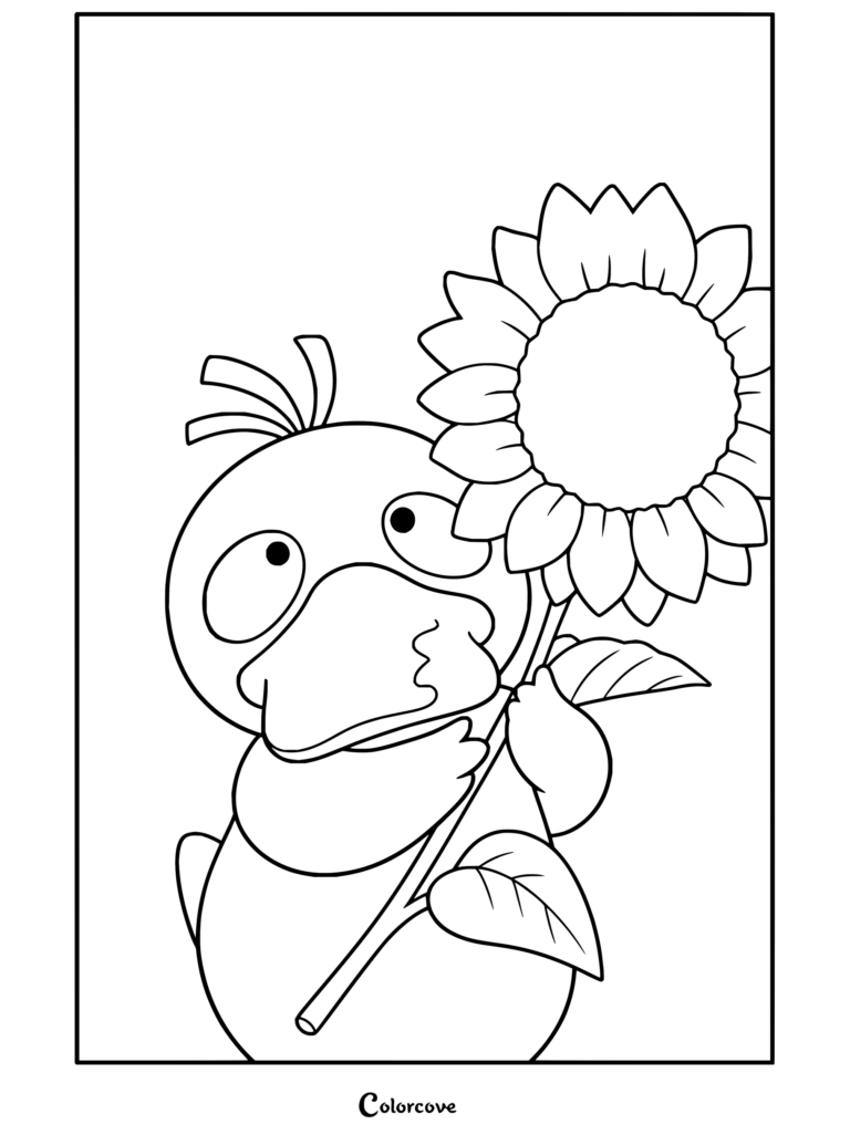 Psyduck sosteniendo un girasol bajo un cielo nublado en un dibujo para colorear para fans de Pokemon para Adultos.