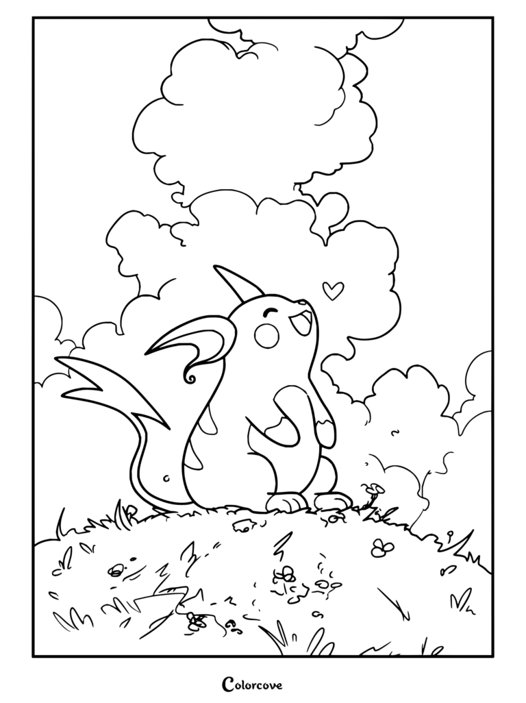 Dibujo para colorear de Pokemon para Adultos con Raichu sentado alegremente en una colina de hierba mirando al cielo nublado.