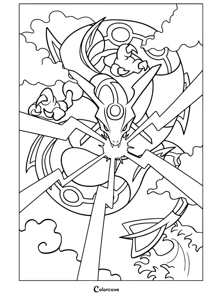 Dibujo de Pokemon para Adultos con Rayquaza lanzando un Híper Rayo entre nubes y relámpagos al estilo del arte tradicional japonés.