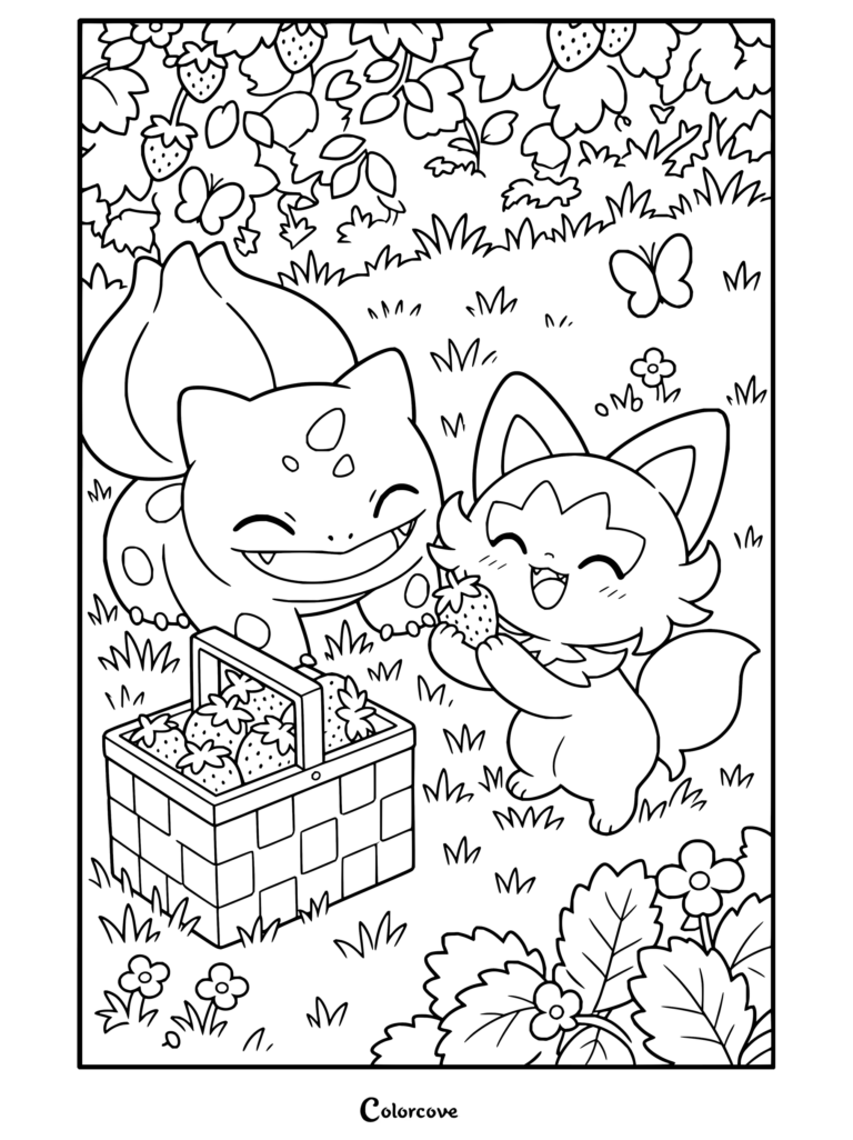 Dibujo de Pokemon para Adultos con Bulbasaur y Sprigatito recogiendo fresas con una cesta en una pradera soleada.