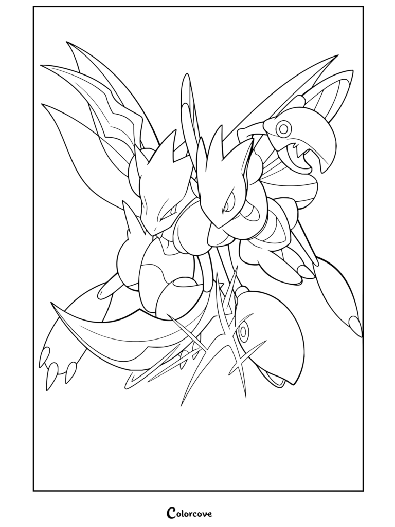 Dibujo imprimible de Pokemon para Adultos con Scyther y Scizor en una pose de acción.