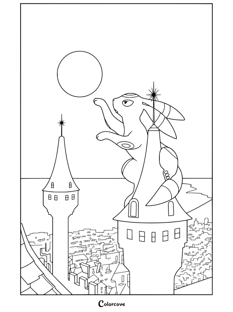 Dibujo de Pokemon para Adultos con Umbreon variocolor sobre un tejado bajo un cielo iluminado por la luna.