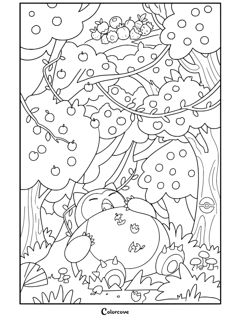 Snorlax durmiendo bajo un manzano en el bosque en un dibujo para colorear para fans de Pokemon para Adultos.
