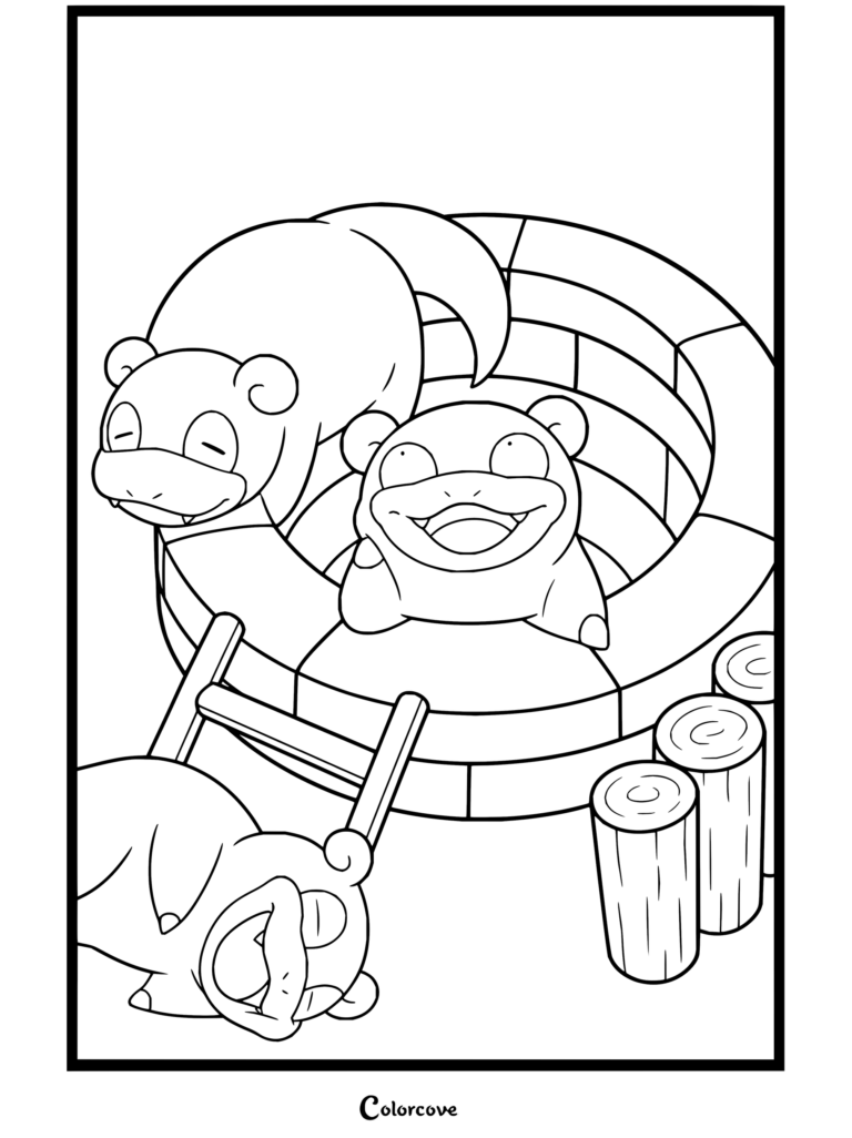 Tres Slowpoke relajándose alrededor de un pozo de piedra bajo los cerezos en flor en un dibujo para colorear para fans de Pokemon para Adultos.