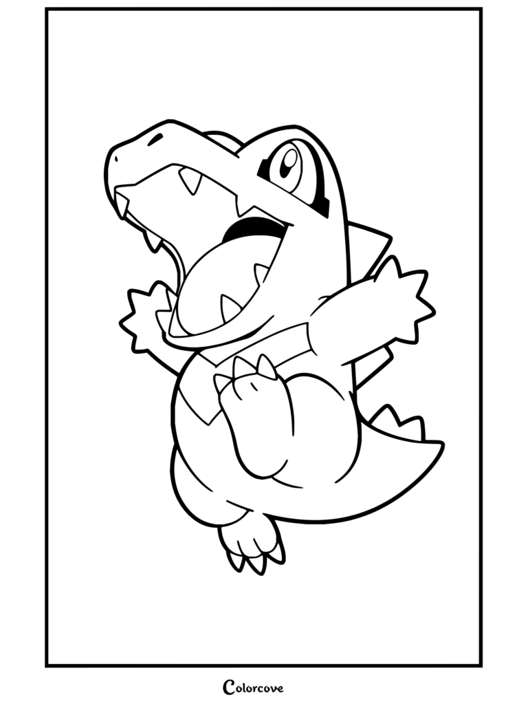 Totodile saltando alegremente en una pradera soleada con la boca abierta en un dibujo de Pokemon para Adultos.