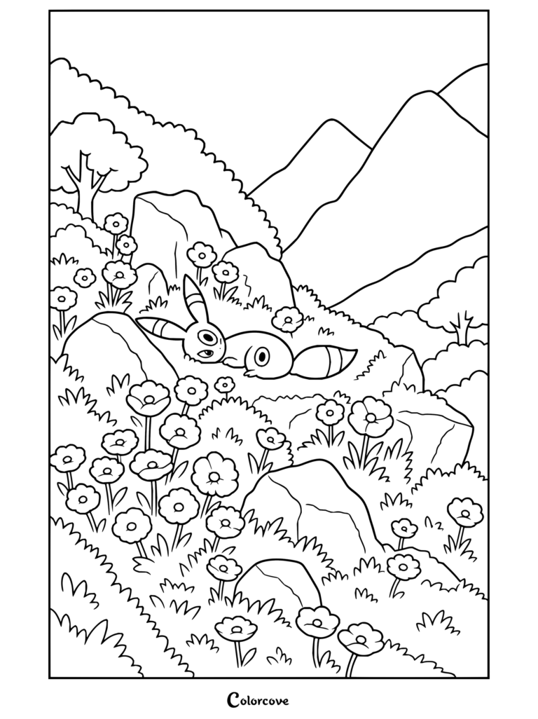 Umbreon descansando plácidamente en una pradera de montaña con flores coloridas en un dibujo para colorear para fans de Pokemon para Adultos.
