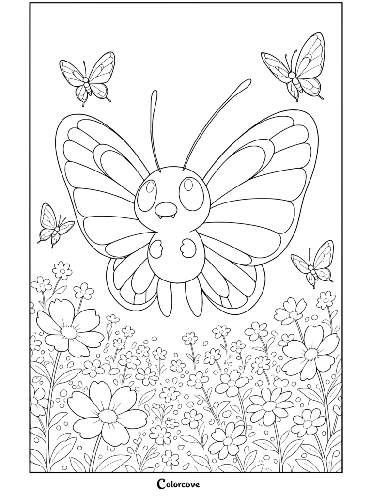 Butterfree volando sobre un vibrante campo de flores rodeado de mariposas en un dibujo para colorear para fans de Pokemon para Adultos.