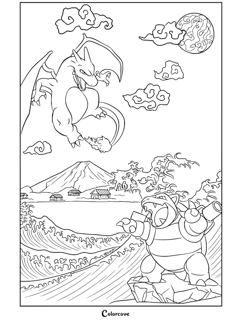 Charizard y Blastoise al estilo tradicional japonés ukiyo-e en un dibujo para fans de Pokemon para Adultos.