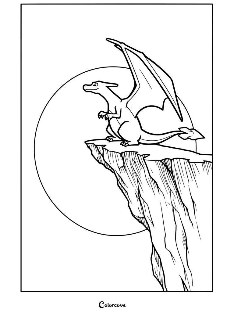 Lámina imprimible para colorear de Pokemon para Adultos con Charizard de pie sobre un acantilado rocoso frente a un sol gigante.