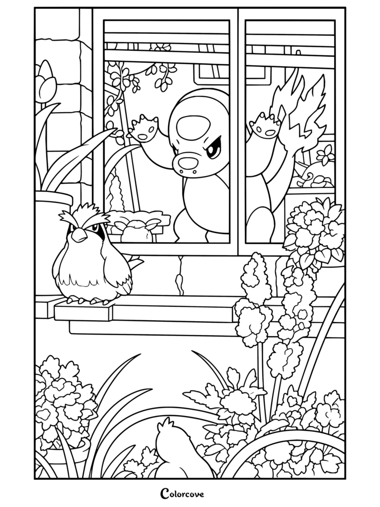 Charmander junto a la ventana observando a un Pidgey en el exterior, en un dibujo para fans de Pokemon para Adultos con un jardín detallado.