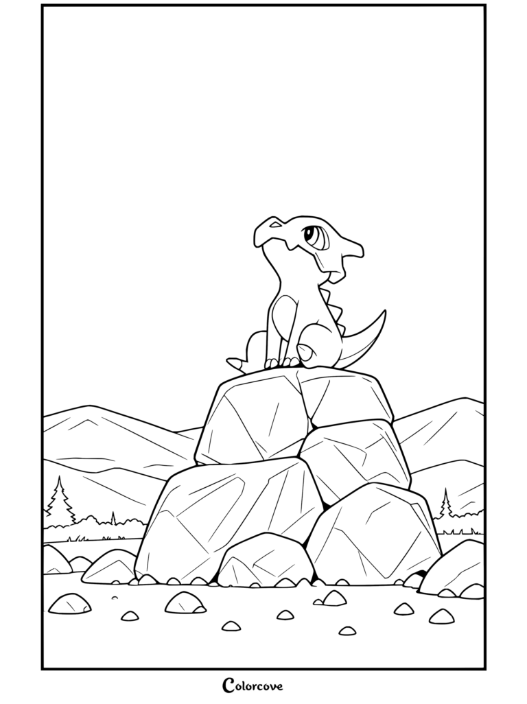 Cubone sentado sobre una roca contemplando el atardecer en un dibujo para colorear para fans de Pokemon para Adultos.
