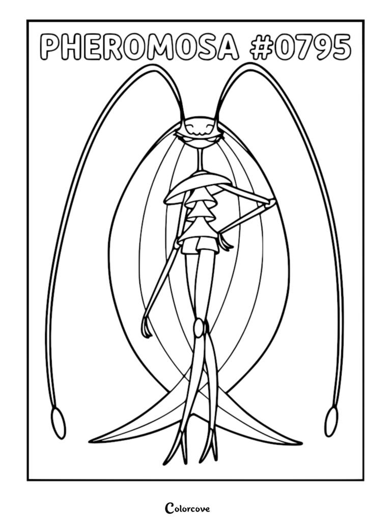 Pheromosa standing in a elegant pose with long antennae on a printable Pokemon Alola coloring page.