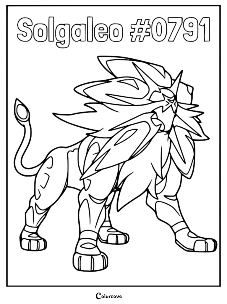 A detailed printable coloring page featuring the legendary Sunne Pokemon Solgaleo from the Alola region with its iconic sun-shaped mane.