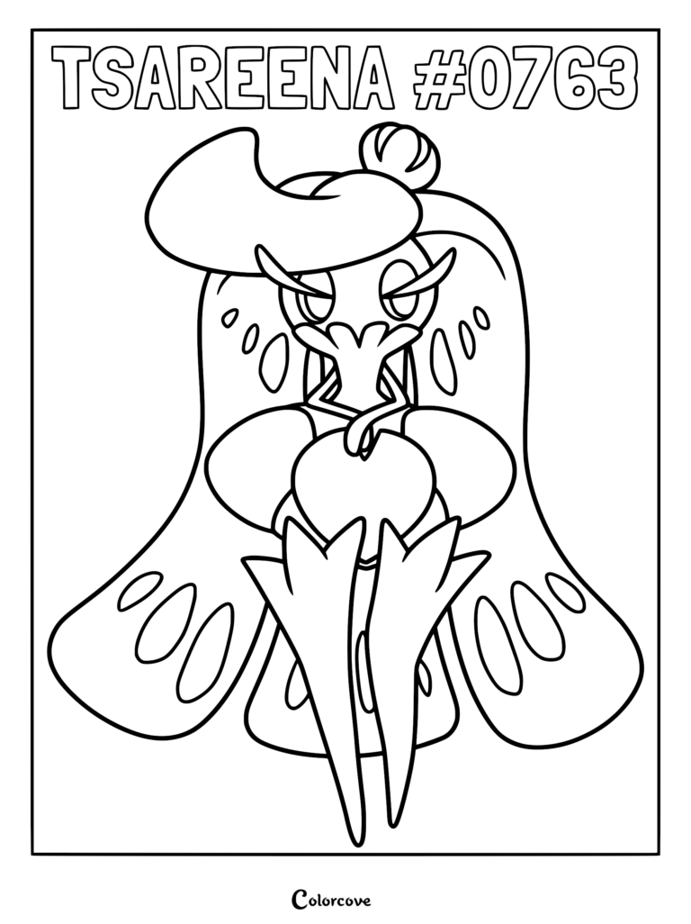 A printable coloring page featuring the Alolan Pokemon Tsareena, showing its regal crown-like hair, long legs, and confident expression with bold line art.