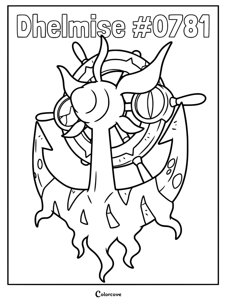 A detailed Dhelmise coloring page featuring the ghost-type anchor Pokemon with its ship wheel and seaweed body.