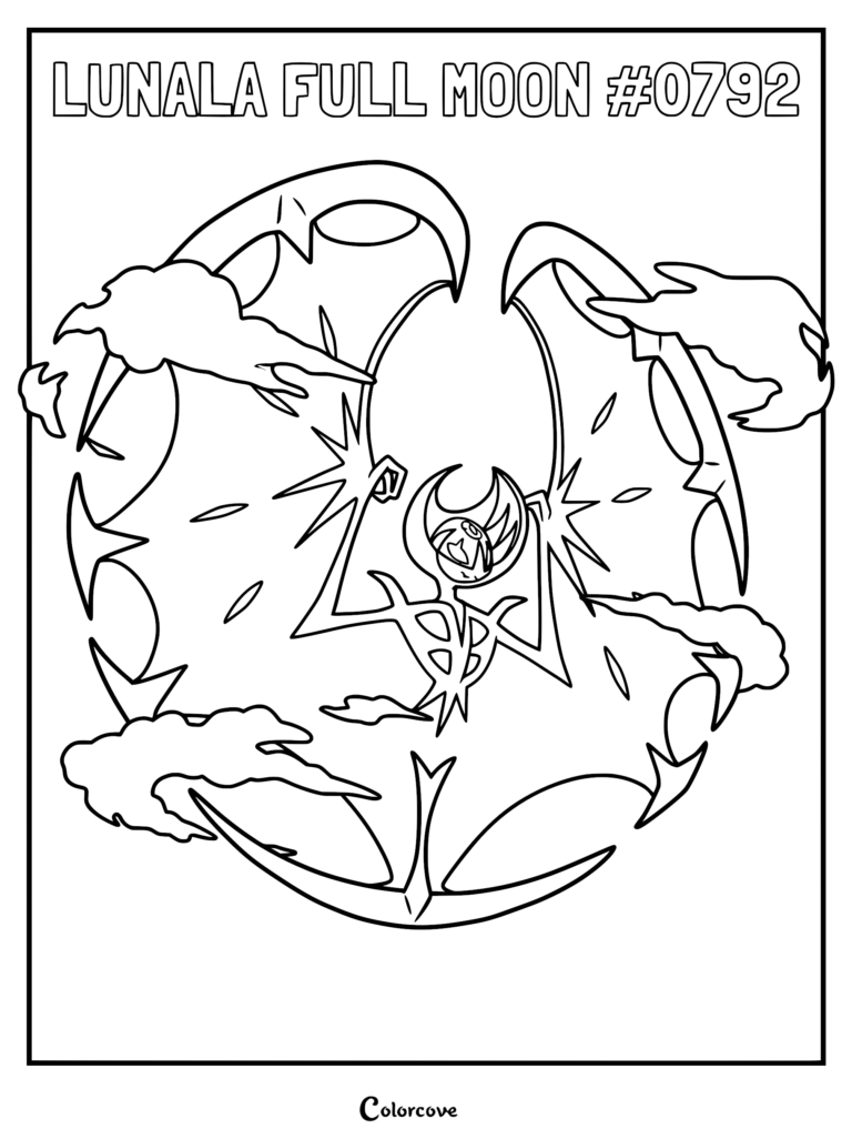 A detailed coloring page of Lunala from Pokemon Alola in Full Moon phase, surrounded by stylized clouds and a circular energy aura.