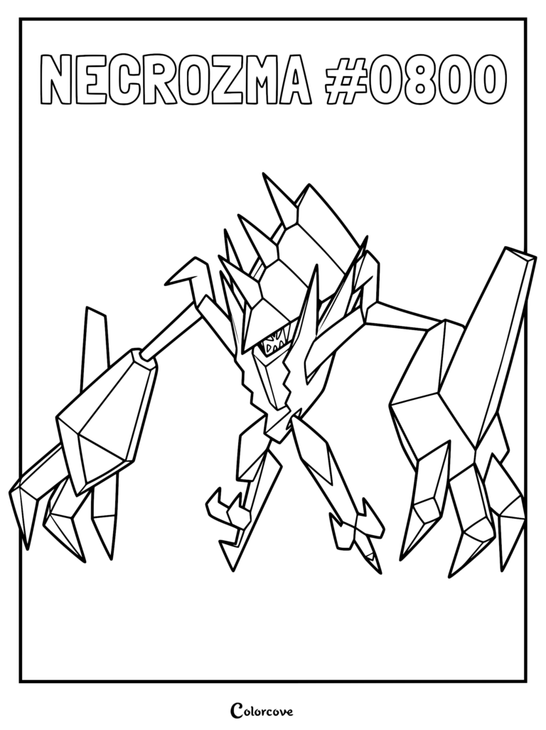 A detailed line art coloring page of the Legendary Pokemon Necrozma from the Alola region, featuring its jagged, prism-like crystalline body structure.