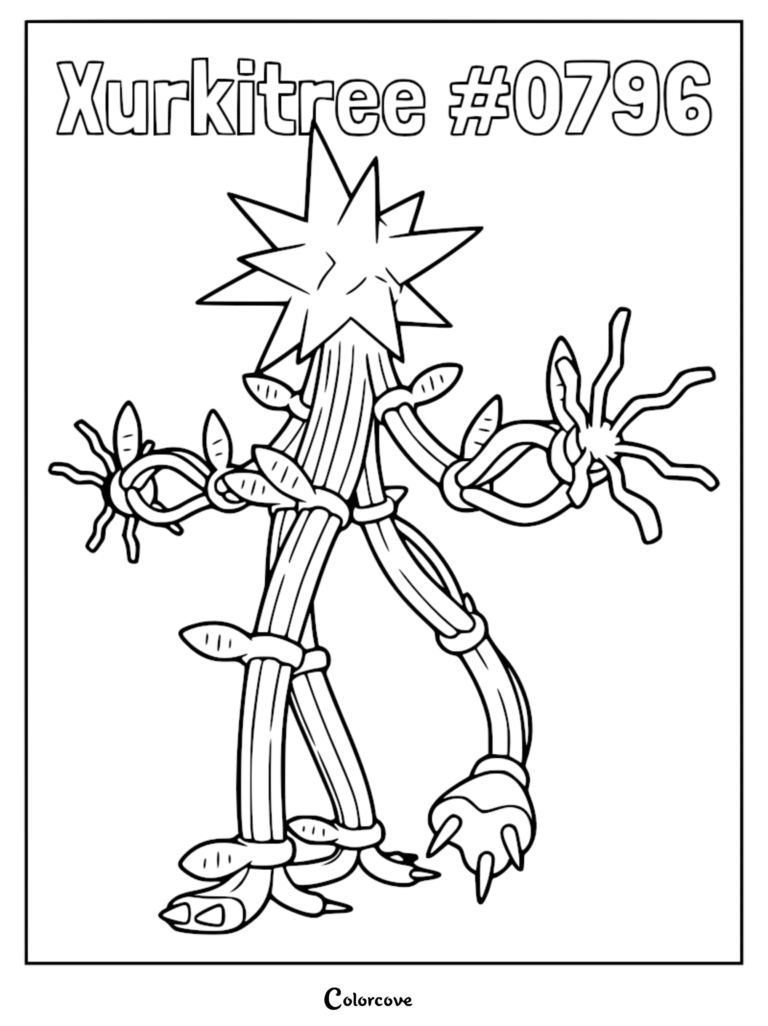 A detailed coloring page of the Ultra Beast Xurkitree from the Alola region, featuring its wire-like body, star-shaped head, and clawed extremities.
