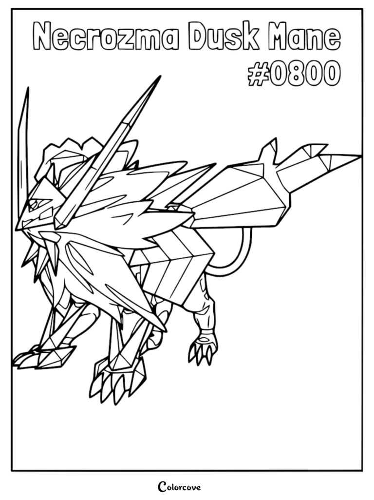 Detailed printable coloring page of Pokemon Necrozma Dusk Mane, showing its crystalline armor and jagged lion-like features.