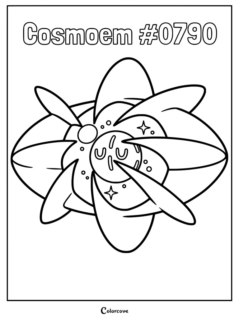 A printable Cosmoem Pokemon Alola coloring page featuring the protoplasm star-like creature with decorative star accents and curved petals.