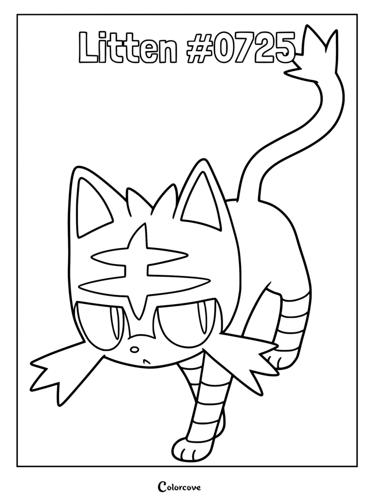 Litten Pokemon Alola coloring page featuring the fire-type cat creature in a dynamic walking pose with its striped tail raised.