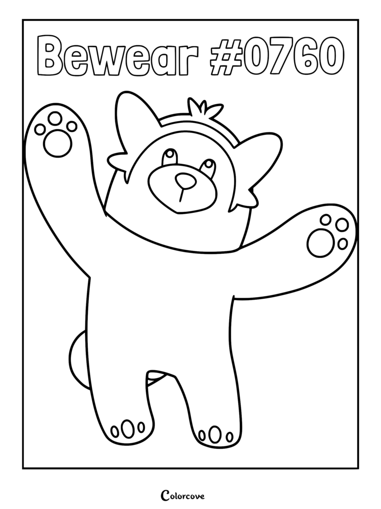 Bewear from Pokemon Alola region with arms raised in a cheerful wave, black and white line art coloring page.