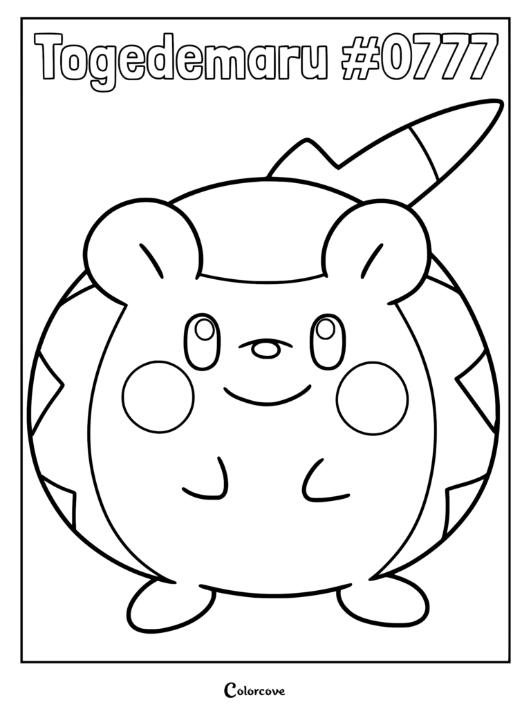 A cute, round Togedemaru Alola Pokemon character with circular cheeks and a spiky tail, ready to print as a coloring page.