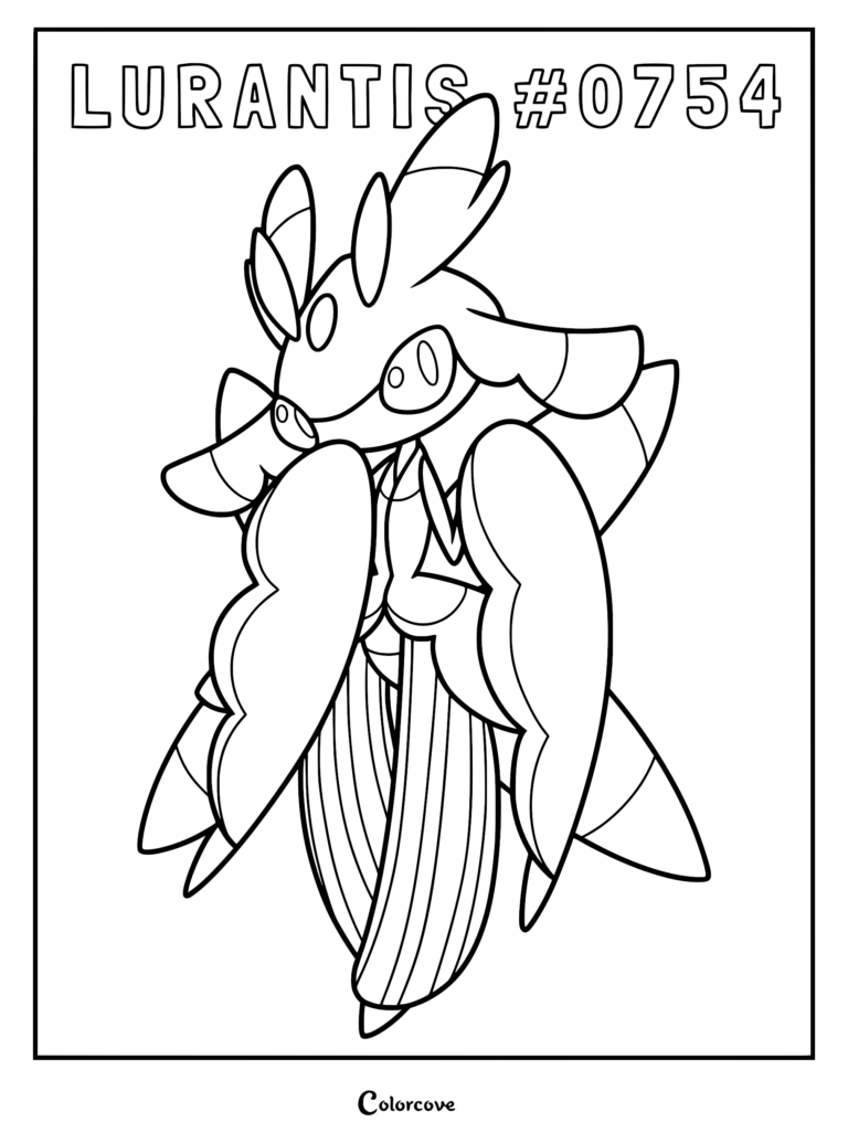 Lurantis Pokemon Alola coloring page featuring the Mantis-like Grass-type character with distinct petal-shaped appendages and elegant markings.