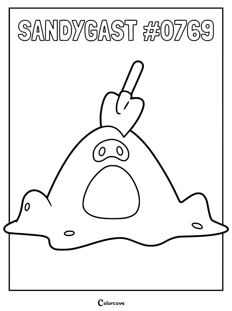 Sandygast, the Alola region Pokémon, featured in a clean line art coloring page with a shovel sticking out of its sand pile body.