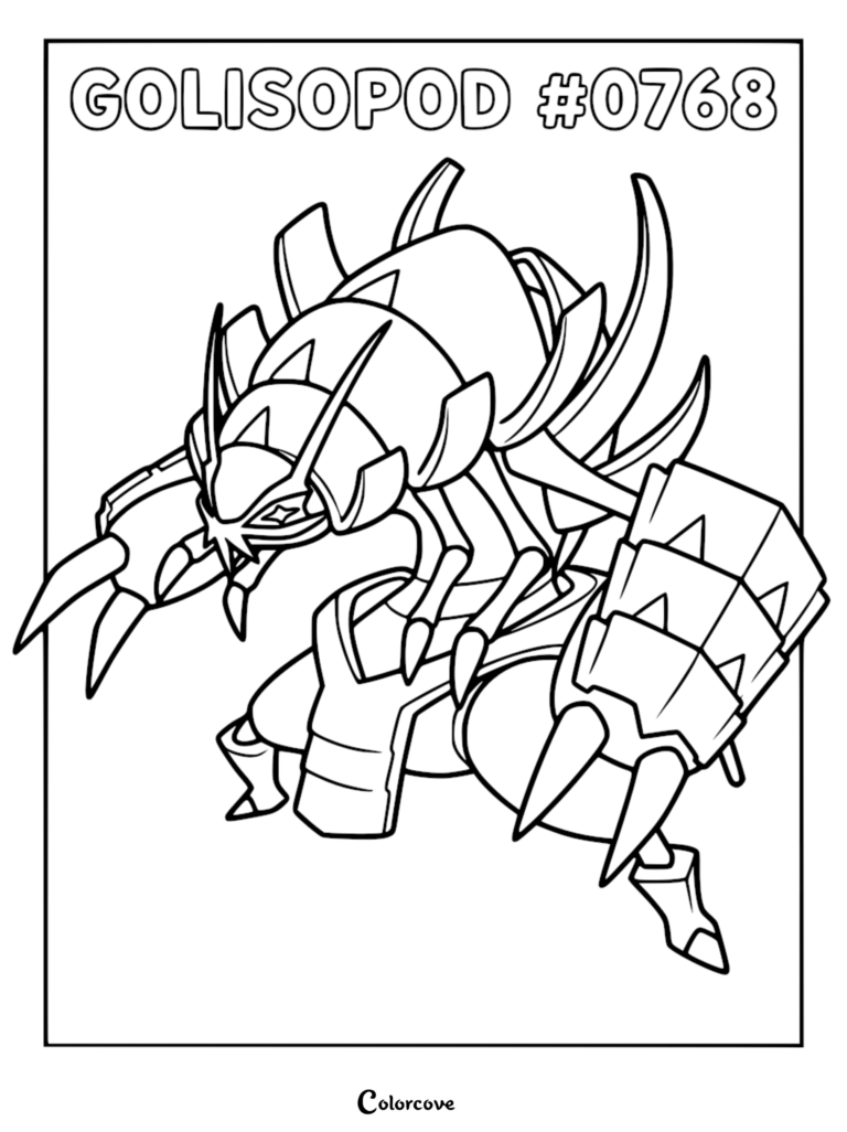 A detailed coloring page of Golisopod from Pokemon Alola, showing its armored shell, large pincers, and sharp leg segments in bold black lines.
