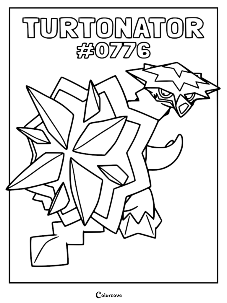 Turtonator from the Alola region featured on a printable coloring page with its signature spiky, star-shaped shell and jagged head spikes.