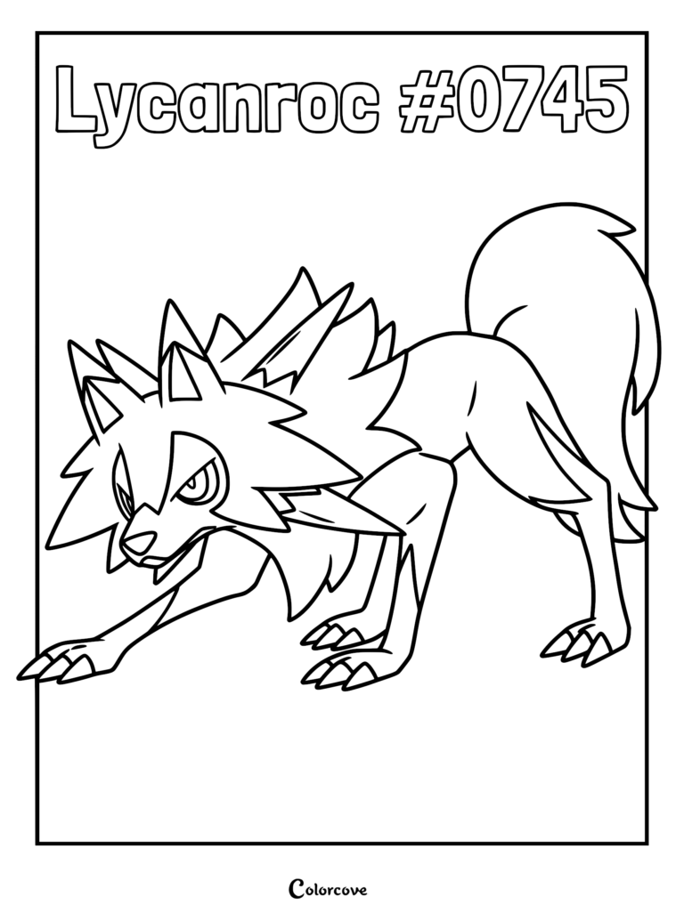 Lycanroc Midday Form from Alola region standing in a defensive stance, featured on a printable coloring page.