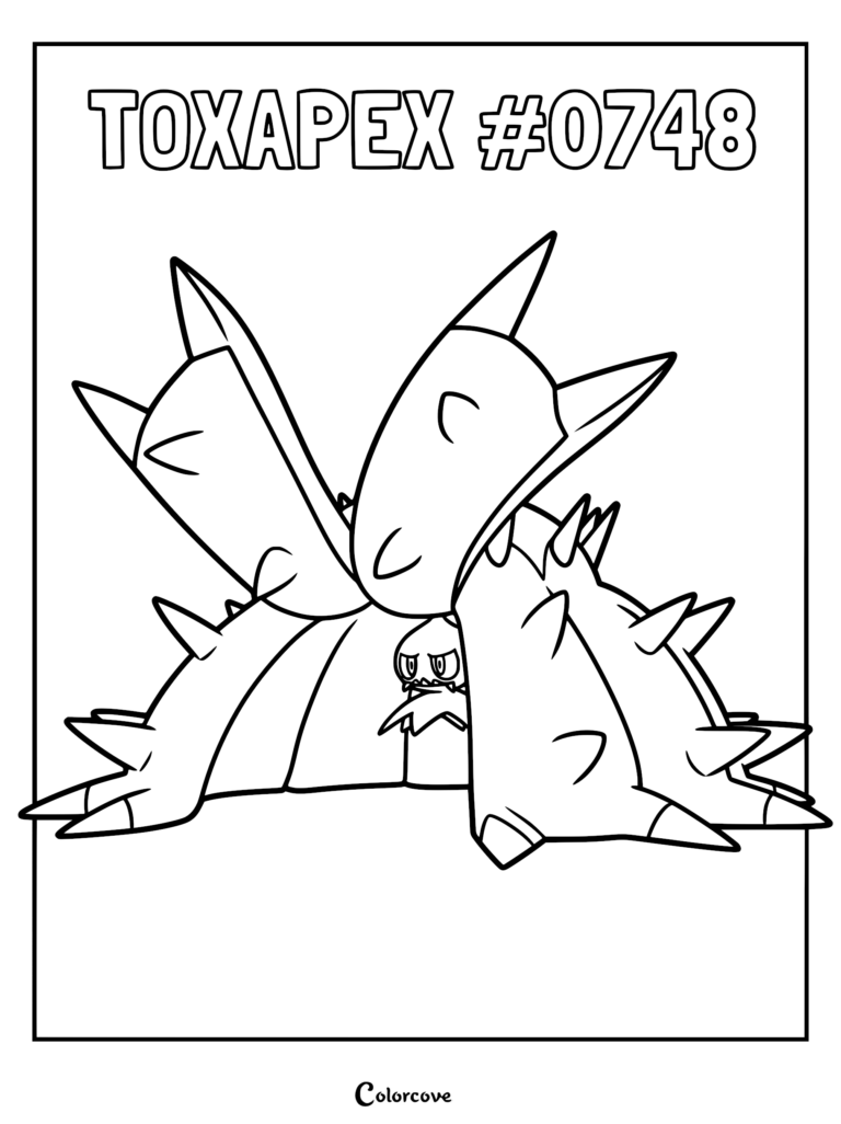 A detailed Toxapex Pokemon Alola coloring page featuring the spiky, starfish-like creature with its distinct defensive shell open to reveal its central face.