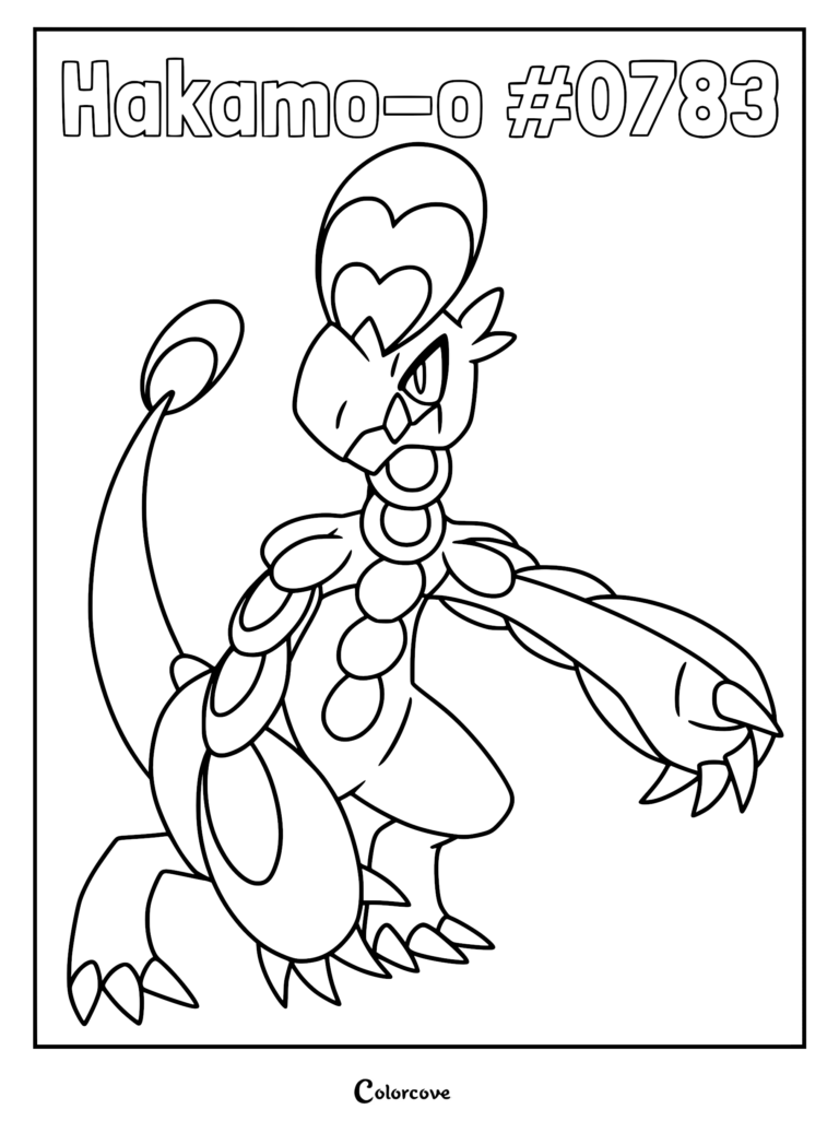 Detailed Hakamo-o coloring page featuring the Alola dragon-type Pokemon with its signature scale-covered arms and heart-shaped head crest.