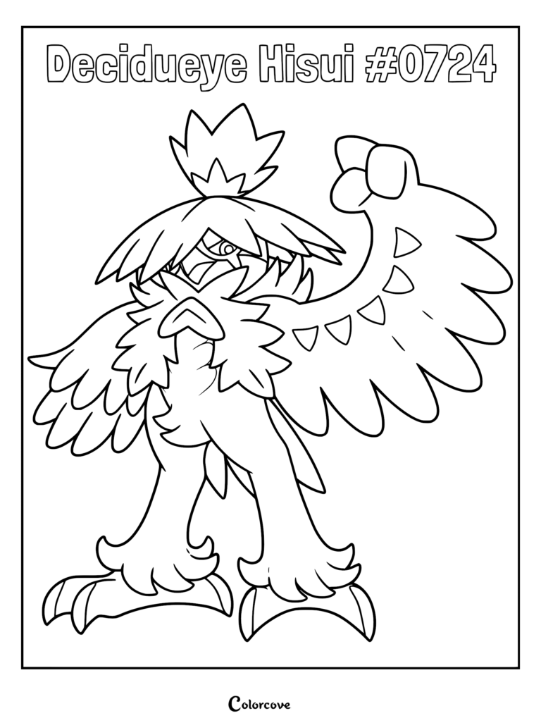 A bold line art coloring page of the Hisuian form of Decidueye with its distinct feathered hood and raised wing, perfect for fans of Alola Pokemon.