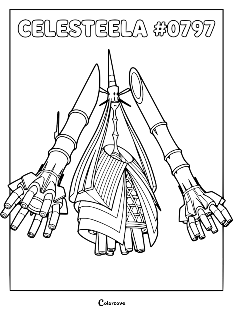 A detailed line art coloring page of the Ultra Beast Celesteela, showing its metallic bamboo-like rocket arms and skirt-like body structure.
