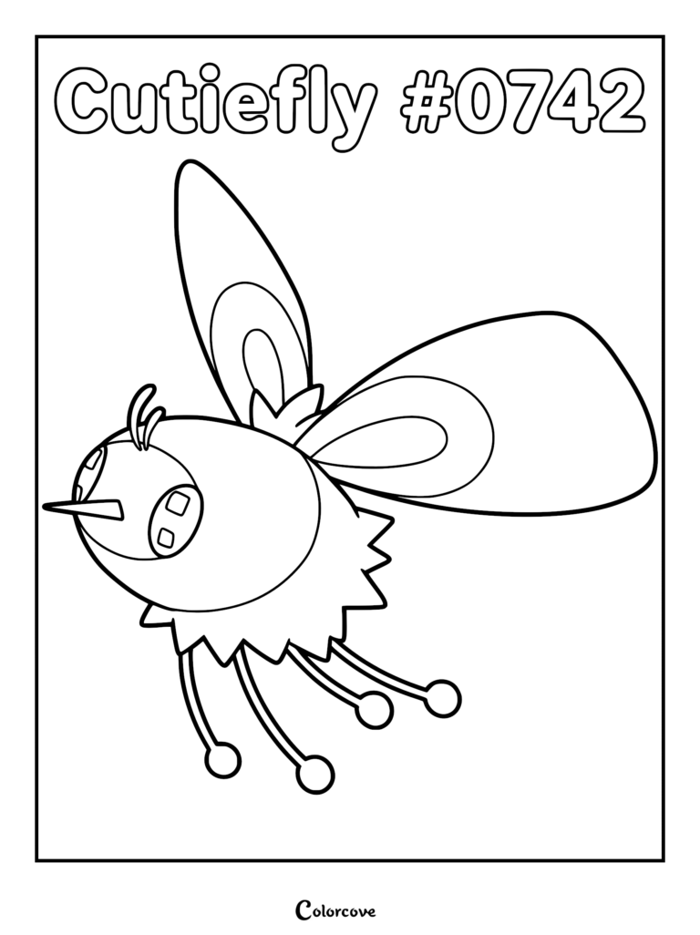 A printable Cutiefly Pokemon Alola coloring page showing the insect-like creature with large wings, a long proboscis, and thin legs.