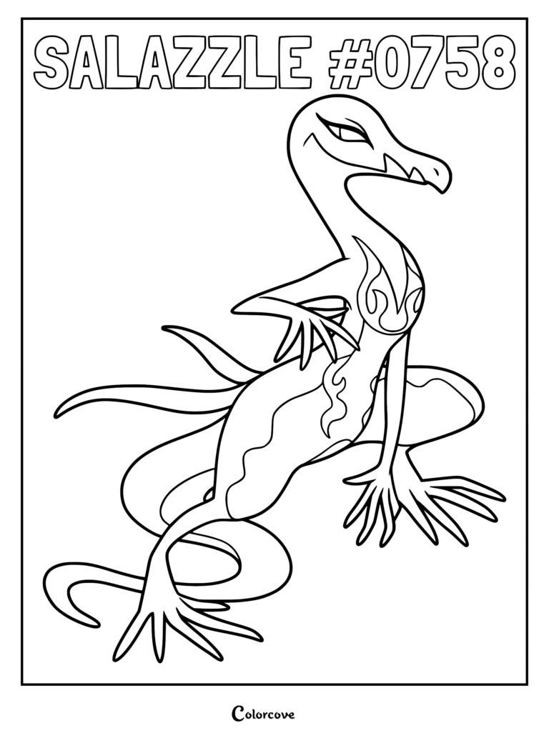Salazzle Pokemon Alola coloring page featuring the lizard-like creature with flame-patterned chest markings and a long, curved tail.