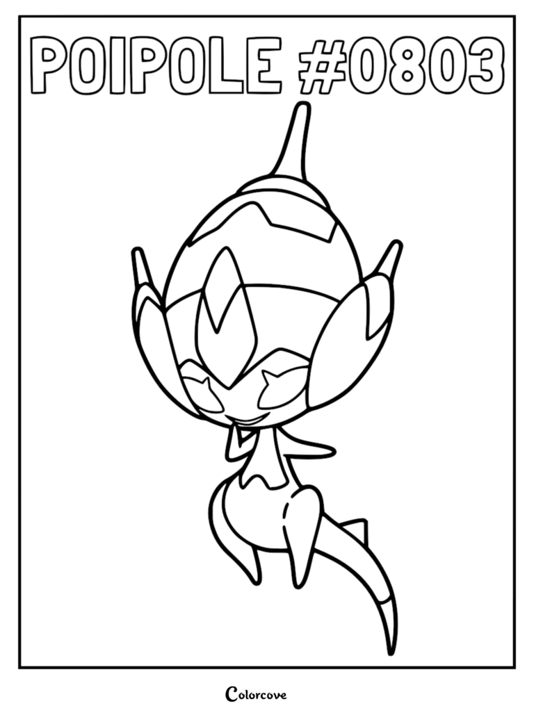 A detailed line art coloring page of the Ultra Beast Poipole from the Alola region, featuring its large head, pointed spikes, and slender body.
