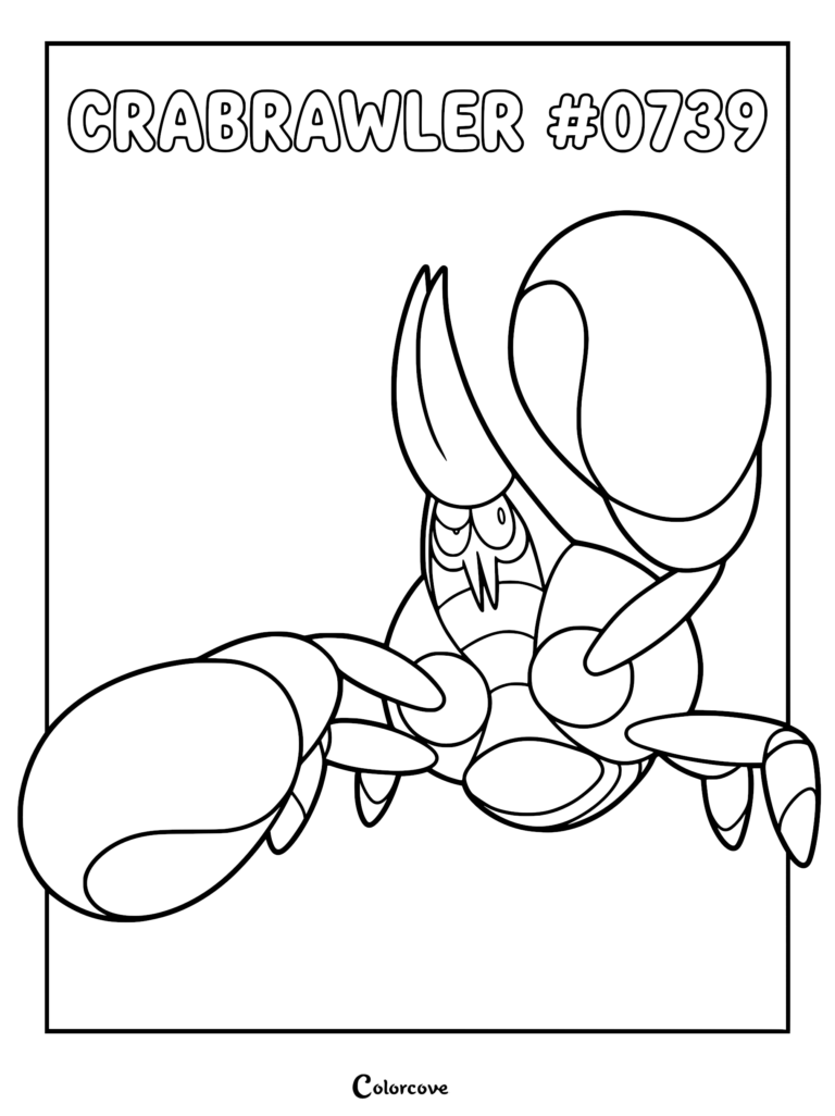 Crabrawler Pokémon Alola line art coloring page, showing the boxing crab with large claws and an intense facial expression.