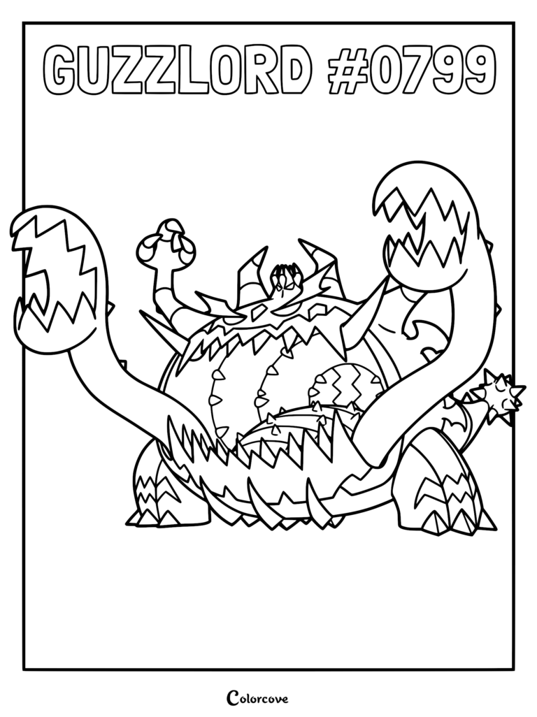 Guzzlord Pokemon Alola coloring page featuring the giant Ultra Beast with massive jaw-like hands, sharp teeth, and a spiky tail.