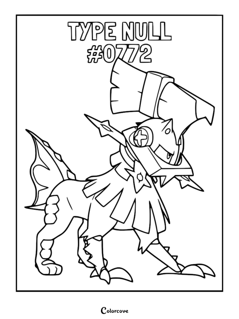 A detailed Type: Null Pokemon coloring page featuring the Alolan synthetic creature with its signature helmet and fish-like tail fin.
