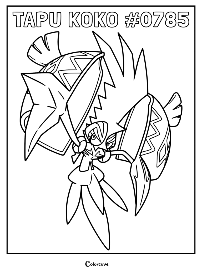 Tapu Koko Alola Pokemon in a defensive stance with its shell mask open, featuring detailed geometric patterns, presented as a high-quality printable line art coloring page.