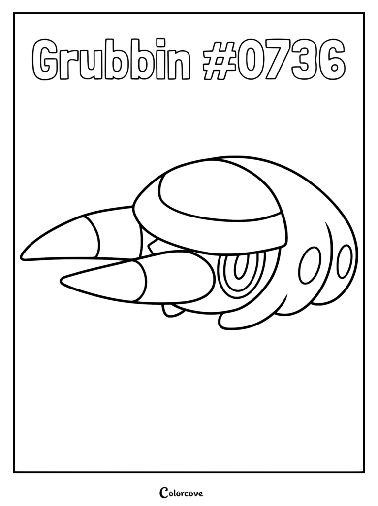 A printable coloring page of the Alolan Bug-type Pokemon Grubbin with its large mandibles and segment-like body.