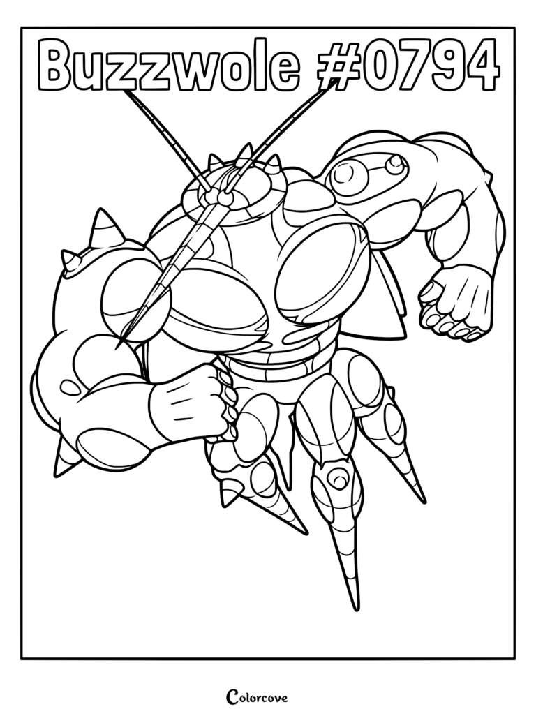 Buzzwole Pokemon Alola coloring page featuring the muscular Bug and Fighting-type Ultra Beast showing off its powerful physique.
