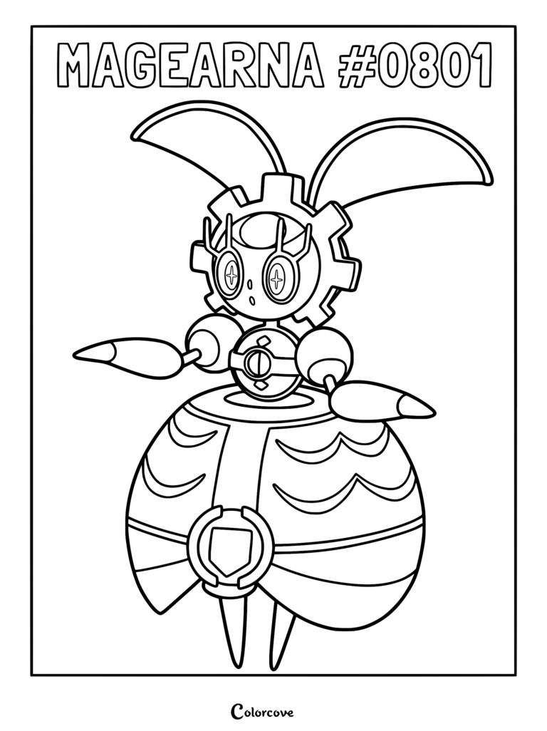 A detailed coloring page featuring the Alola region Mythical Pokemon Magearna with its gear-shaped head, large rabbit-like ears, and ball-jointed arms.